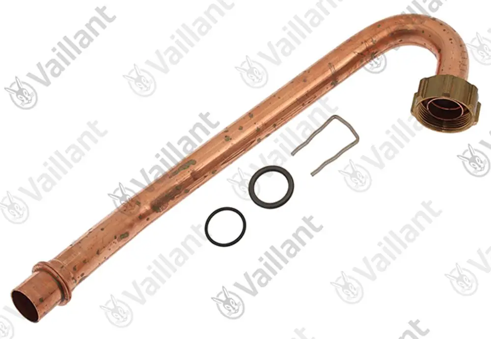 Kupferrohr von Vaillant mit gebogenem Ende, zwei O-Ringen und einer Drahtverriegelung zur Befestigung.